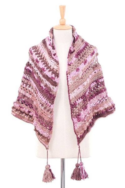 Alternate image for Handcrafted Pink and Brown Knit Acrylic Capelet with Tassels Pink Feelings