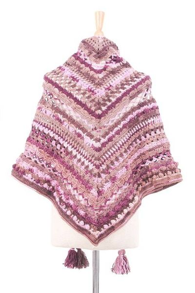 Alternate image for Handcrafted Pink and Brown Knit Acrylic Capelet with Tassels Pink Feelings