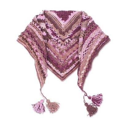 Alternate image for Handcrafted Pink and Brown Knit Acrylic Capelet with Tassels Pink Feelings