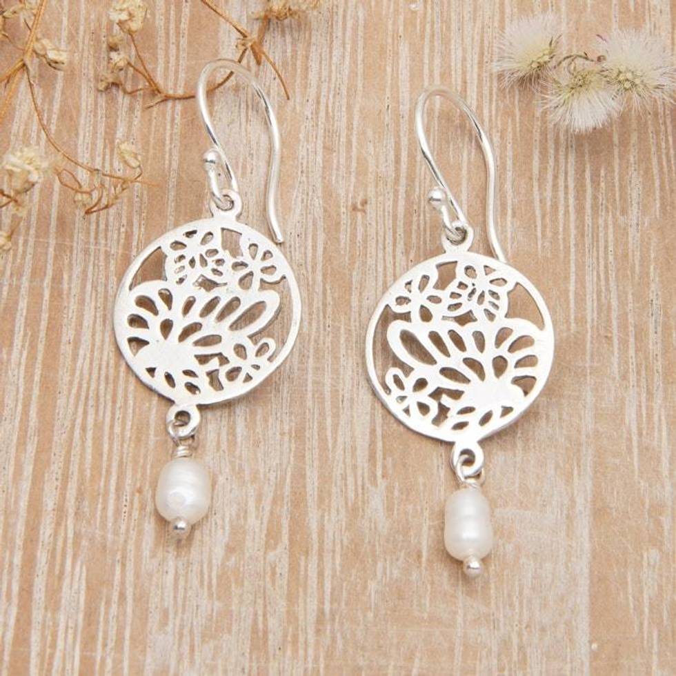 Polished Sterling Silver Dangle Earrings with Grey Pearls 'Heavenly Butterfly'