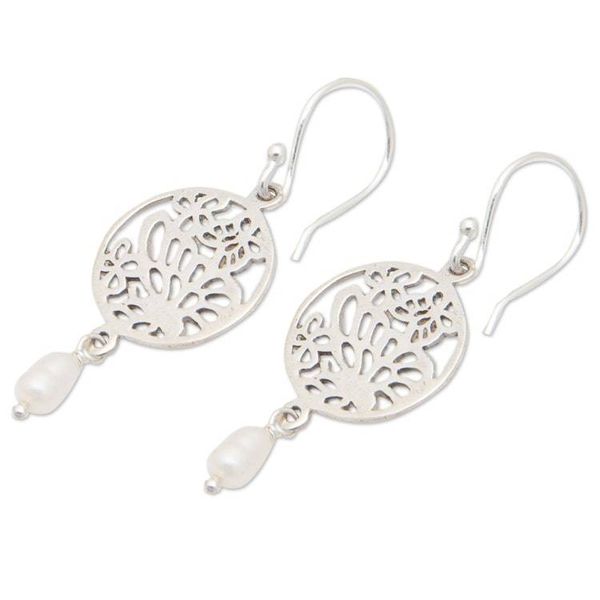 Alternate image for Polished Sterling Silver Dangle Earrings with Grey Pearls Heavenly Butterfly