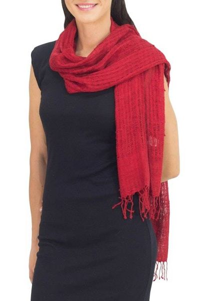 Alternate image for Coarse Textured Red Silk Scarf Handwoven in Thailand Summer Ruby