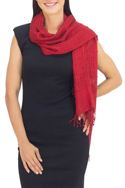 Alternate image for Coarse Textured Red Silk Scarf Handwoven in Thailand Summer Ruby