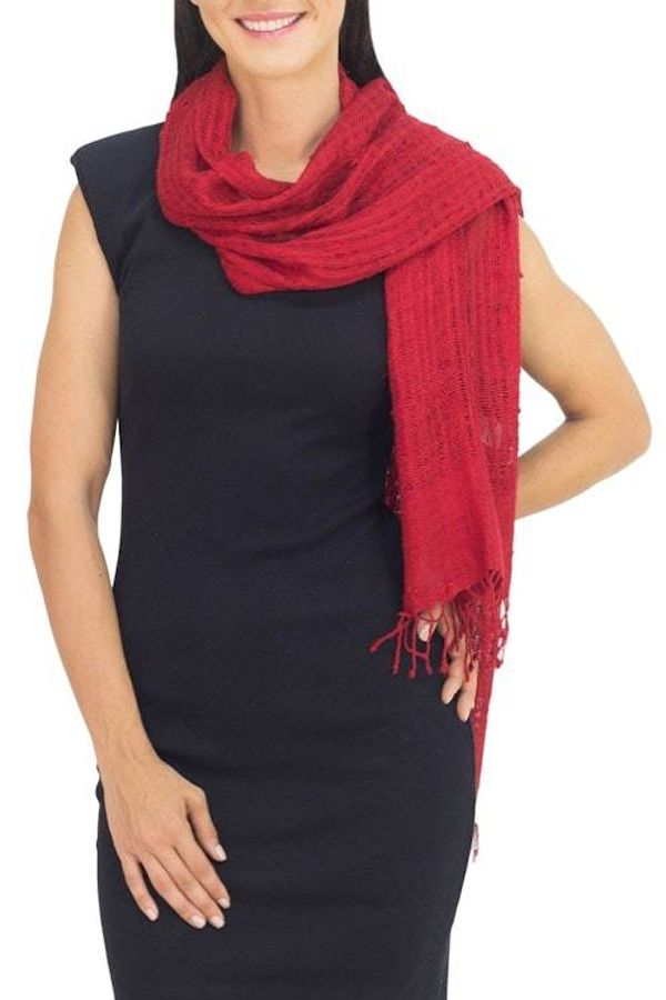 Alternate image for Coarse Textured Red Silk Scarf Handwoven in Thailand Summer Ruby
