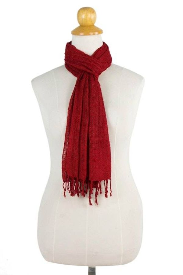 Alternate image for Coarse Textured Red Silk Scarf Handwoven in Thailand Summer Ruby