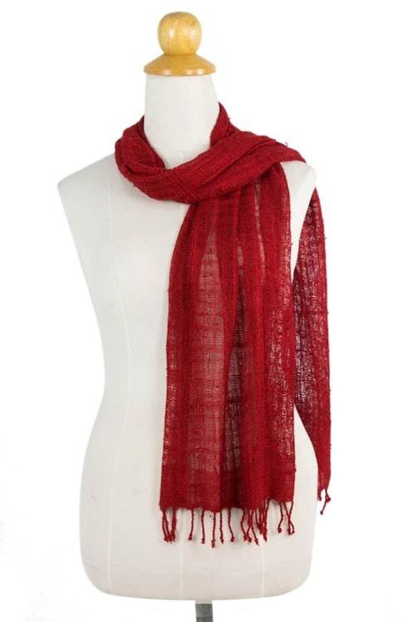 Alternate image for Coarse Textured Red Silk Scarf Handwoven in Thailand Summer Ruby