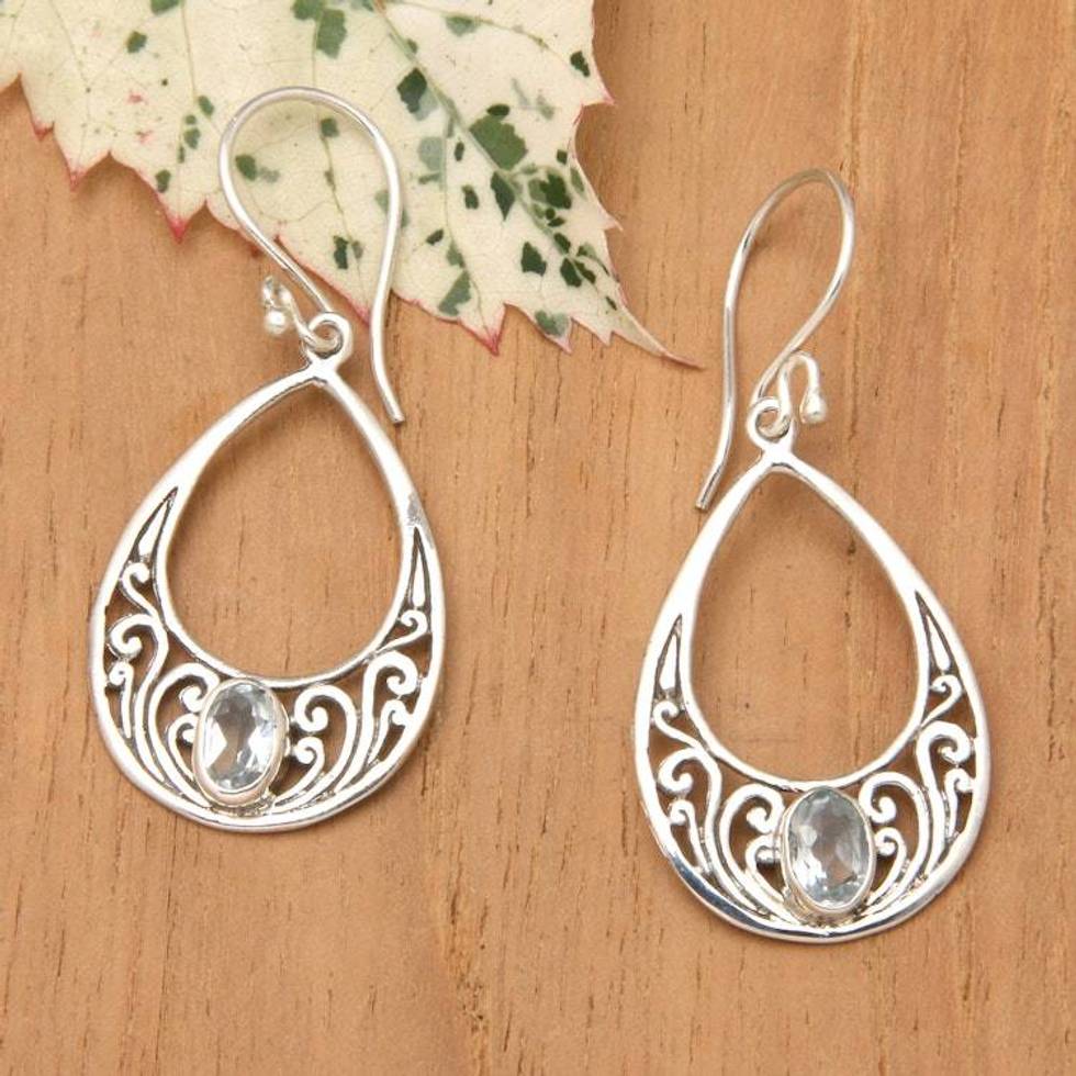 Blue Topaz and 925 Silver Spiral Dangle Earrings from Bali 'Elegant Tears'