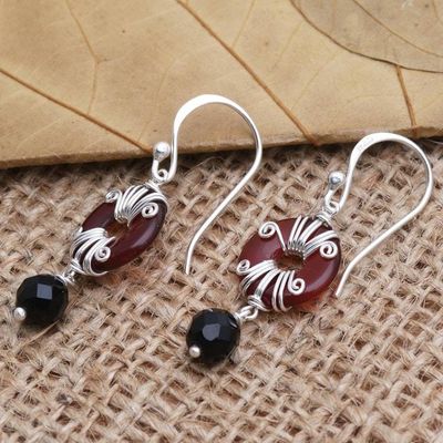 Alternate image for Handmade Carnelian and Onyx Dangle Earrings Sumatra Swing