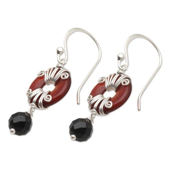 Alternate image for Handmade Carnelian and Onyx Dangle Earrings Sumatra Swing