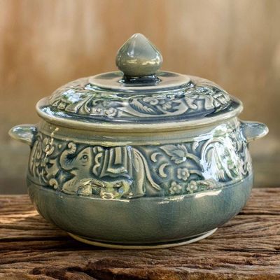 Alternate image for Crackled Blue Celadon Covered Bowl with Elephants Blue Elephant Forest