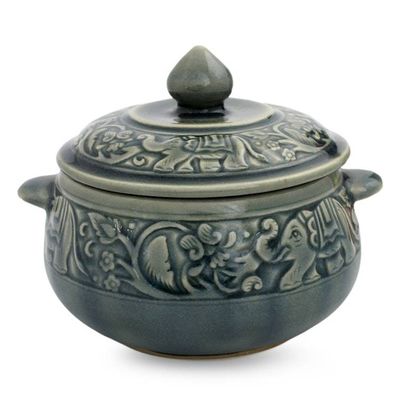 Alternate image for Crackled Blue Celadon Covered Bowl with Elephants Blue Elephant Forest