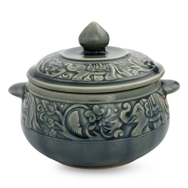 Alternate image for Crackled Blue Celadon Covered Bowl with Elephants Blue Elephant Forest