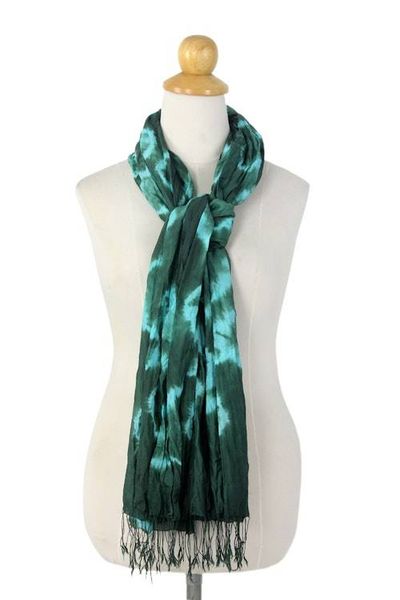 Alternate image for Thai Hand Crafted Green and Blue Silk Tie Dye Scarf Emerald Dance