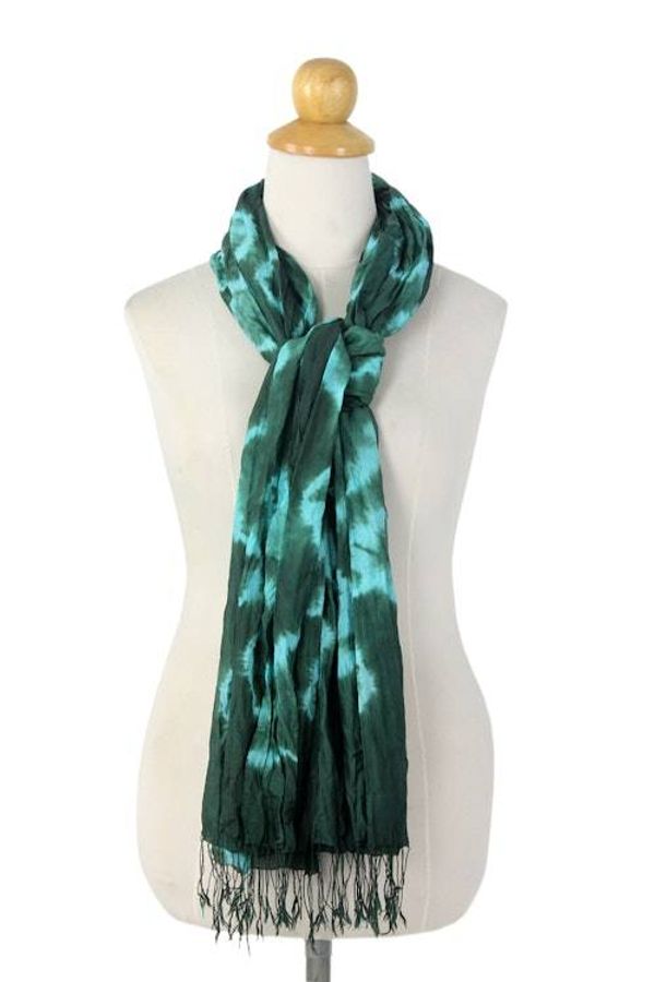 Alternate image for Thai Hand Crafted Green and Blue Silk Tie Dye Scarf Emerald Dance