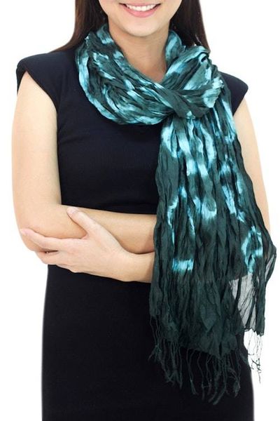 Alternate image for Thai Hand Crafted Green and Blue Silk Tie Dye Scarf Emerald Dance