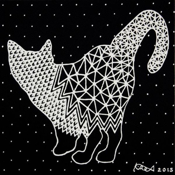 Image for Thai Black and White Stretched Painting of Cat Funny Cat