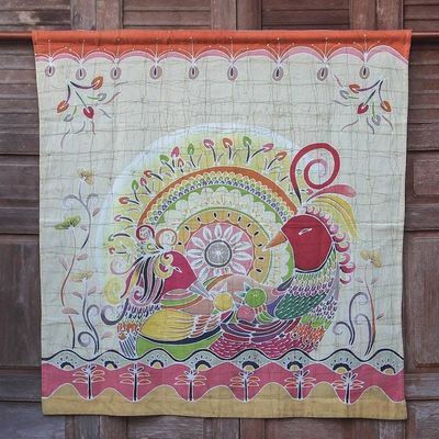 Alternate image for Batik on Cotton Wall Hanging Orange Geese and Flowers Amorous Geese