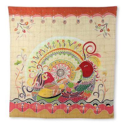 Alternate image for Batik on Cotton Wall Hanging Orange Geese and Flowers Amorous Geese