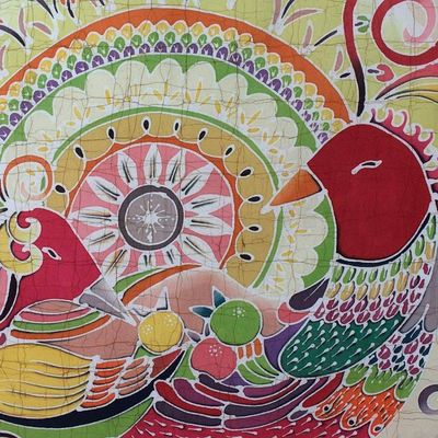 Alternate image for Batik on Cotton Wall Hanging Orange Geese and Flowers Amorous Geese
