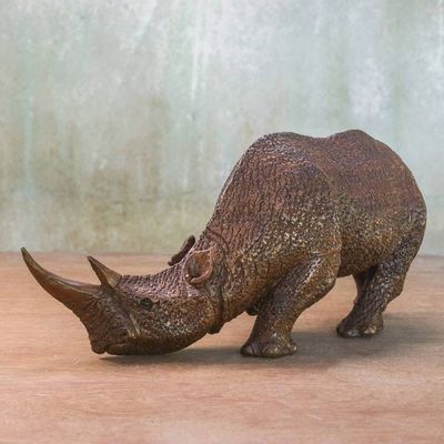 Alternate image for Hand Carved Thai Raintree Wood Realistic Rhino Sculpture Majestic Rhino