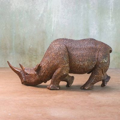 Alternate image for Hand Carved Thai Raintree Wood Realistic Rhino Sculpture Majestic Rhino