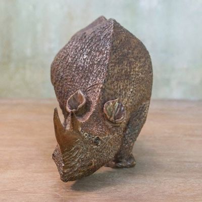 Alternate image for Hand Carved Thai Raintree Wood Realistic Rhino Sculpture Majestic Rhino