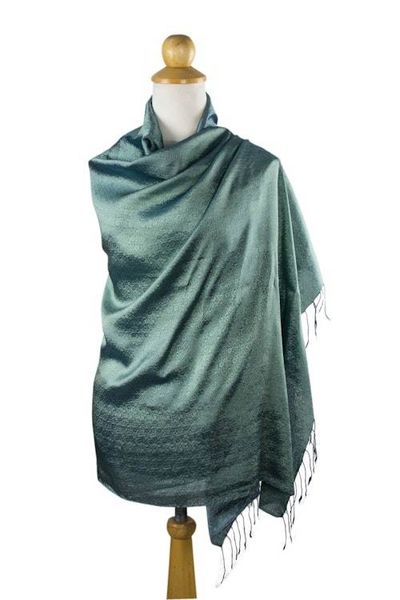 Alternate image for Jade Green Rayon and Silk Blend Floral Shawl Elegance in Jade