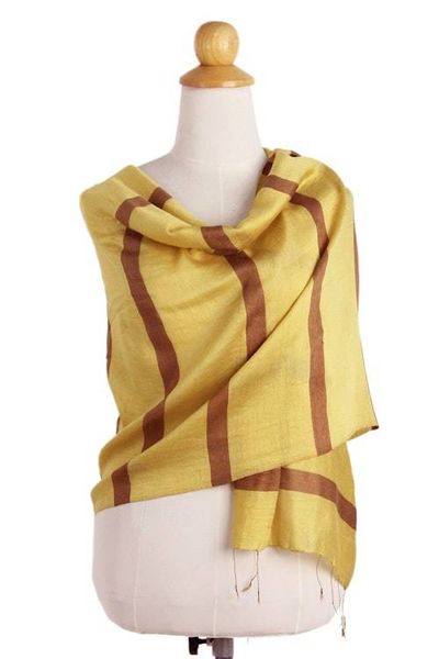 Alternate image for Hand Woven Yellow and Brown Silk Blend Shawl with Fringe Friendly Essence