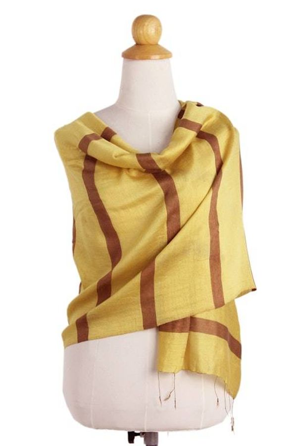Alternate image for Hand Woven Yellow and Brown Silk Blend Shawl with Fringe Friendly Essence