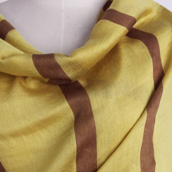 Alternate image for Hand Woven Yellow and Brown Silk Blend Shawl with Fringe Friendly Essence