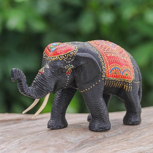 Alternate image for Hand-Carved Wood Sculpture of Elephant with Red Tones Vibrant Fortune