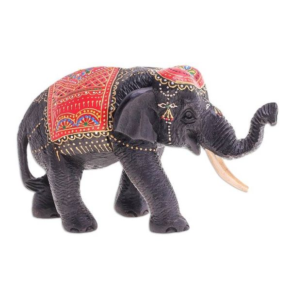 Alternate image for Hand-Carved Wood Sculpture of Elephant with Red Tones Vibrant Fortune