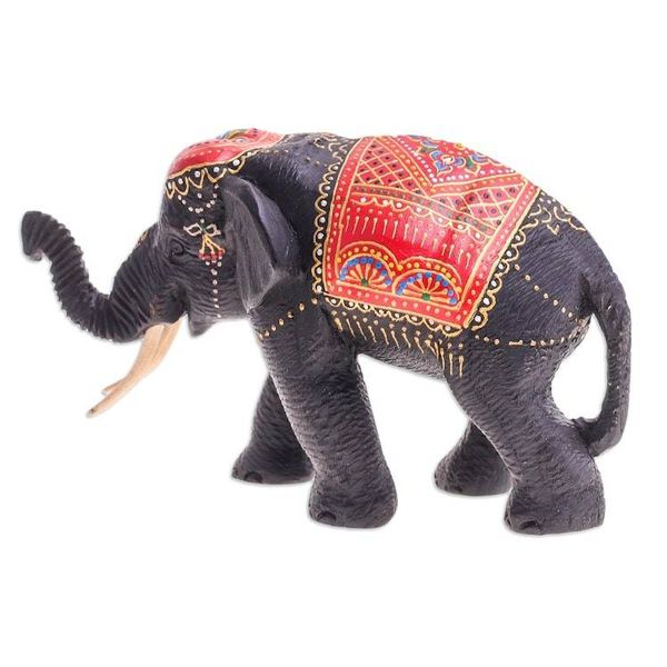 Alternate image for Hand-Carved Wood Sculpture of Elephant with Red Tones Vibrant Fortune