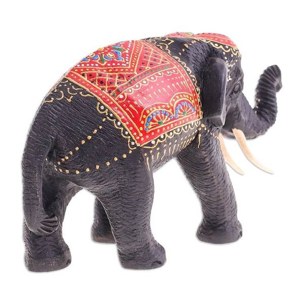 Alternate image for Hand-Carved Wood Sculpture of Elephant with Red Tones Vibrant Fortune