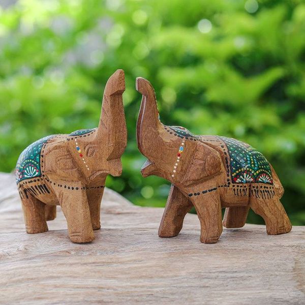 Alternate image for Set of 2 Hand-Carved Wood Elephant Sculptures with Green Hue The Green Prosperity