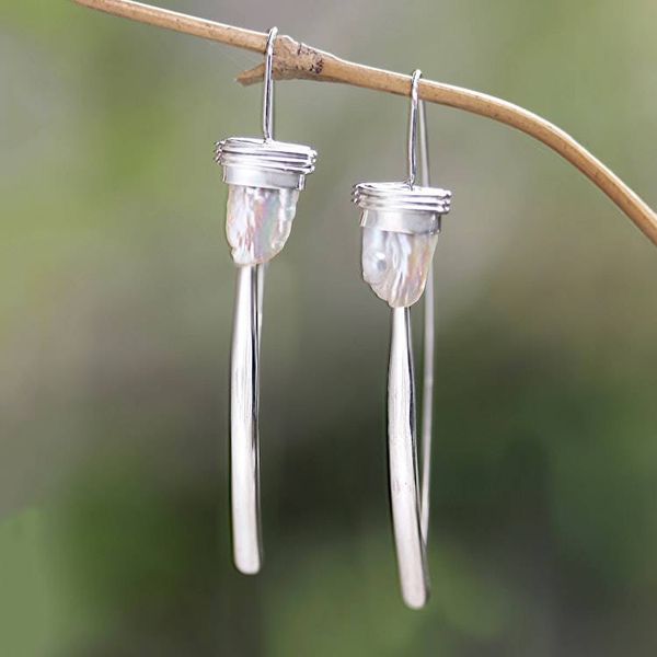 Alternate image for Handmade Cultured Biwa Pearl Drop Earrings Peach Ocean