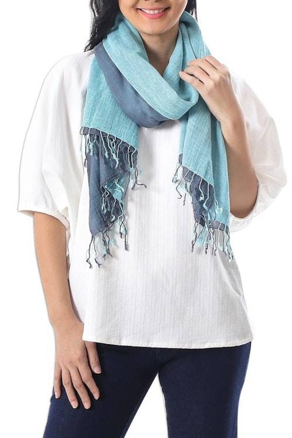 Alternate image for 100 Cotton Reversible Blue and Grey Fringed Scarf Ocean Tones