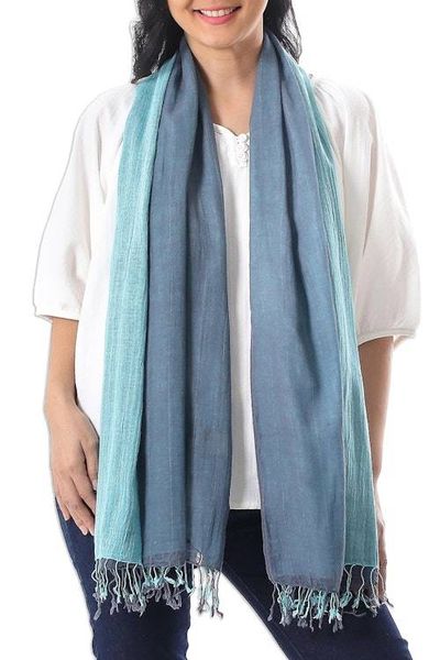 Alternate image for 100 Cotton Reversible Blue and Grey Fringed Scarf Ocean Tones