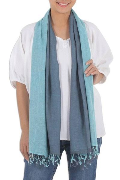Alternate image for 100 Cotton Reversible Blue and Grey Fringed Scarf Ocean Tones