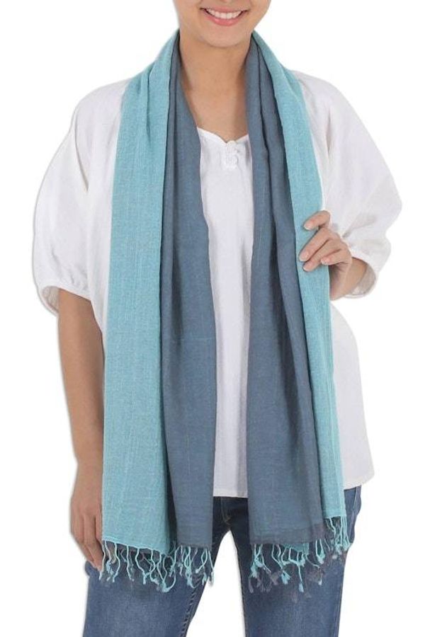 Alternate image for 100 Cotton Reversible Blue and Grey Fringed Scarf Ocean Tones