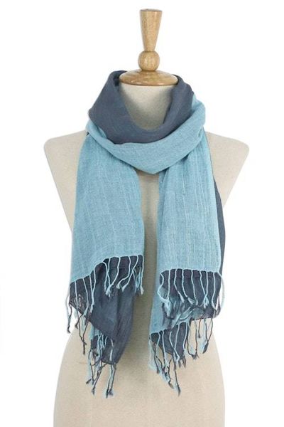 Alternate image for 100 Cotton Reversible Blue and Grey Fringed Scarf Ocean Tones