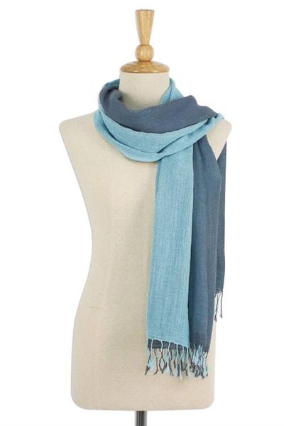 Alternate image for 100 Cotton Reversible Blue and Grey Fringed Scarf Ocean Tones
