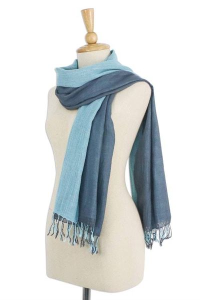 Alternate image for 100 Cotton Reversible Blue and Grey Fringed Scarf Ocean Tones