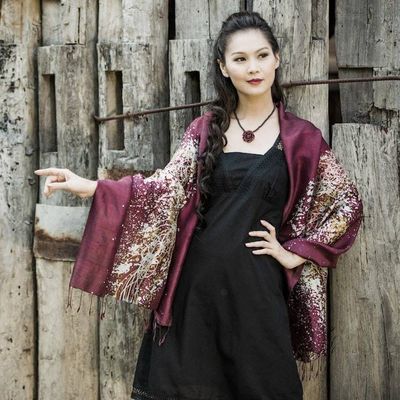 Alternate image for Batik Silk Shawl Fireworks on Maroon