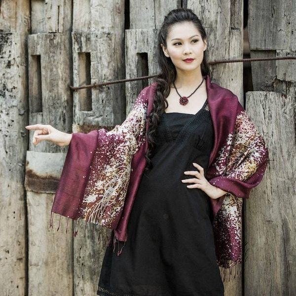 Alternate image for Batik Silk Shawl Fireworks on Maroon