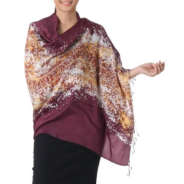 Alternate image for Batik Silk Shawl Fireworks on Maroon