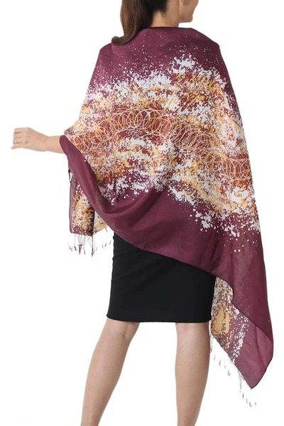 Alternate image for Batik Silk Shawl Fireworks on Maroon