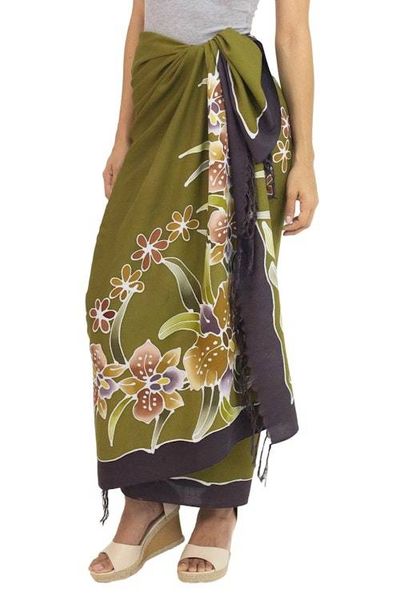 Alternate image for Handmade Olive Green Rayon Sarong with Floral Motif Autumn Cattleya