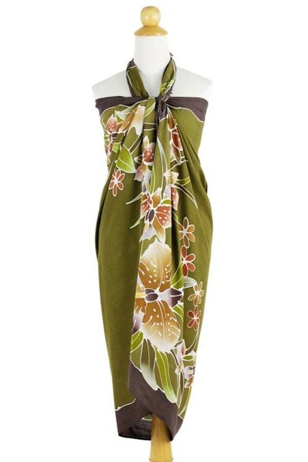 Alternate image for Handmade Olive Green Rayon Sarong with Floral Motif Autumn Cattleya