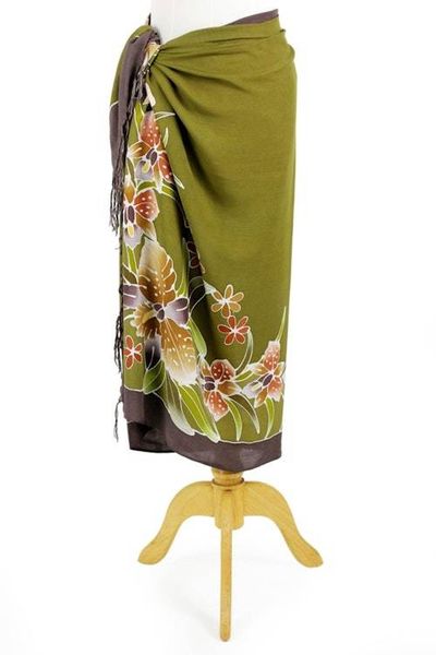Alternate image for Handmade Olive Green Rayon Sarong with Floral Motif Autumn Cattleya